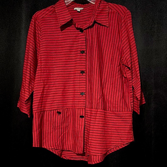 Never Forty Two - Red and Black Striped Collared Button Down - Picture 1 of 12